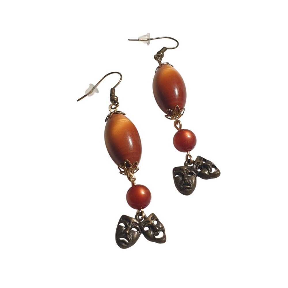 Handmade By Donovan Theater Comedy Tragedy Mask Dangle Earrings Beaded Art Deco